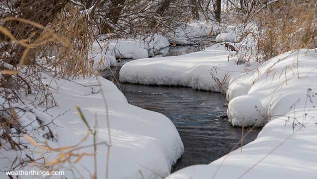stream flanked by snowbank